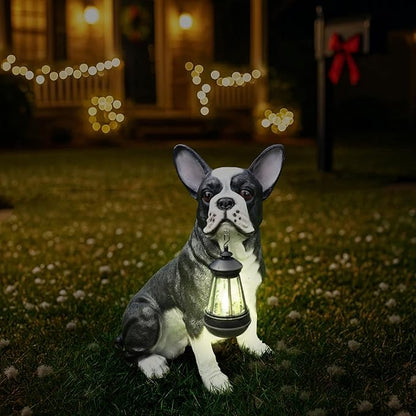 Boston Terrier Garden Statue with Solar Lantern & Welcome Sign, 17" Large Outdoor Dog Decor Yard Art Figurine, Funny Pet Memorial Gift for Patio Lawn Porch Housewarming