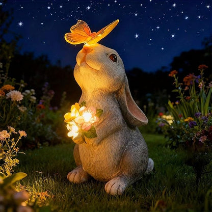 Solar Garden Decor Rabbit Statues with Butterfly LED Light - Waterproof Bunny Figurines Outdoor for Yard Patio Balcony Easter Decor - Unique Housewarming Mother's Day Birthday Gifts for Women