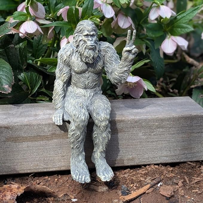John Bernard & Company Bigfoot Peace Sign Decorative Sasquatch Yeti Statue/Figurine Indoor/Outdoor Sculpture for Patio, Deck, Home, Office 10 in H Shelf Sitter Figurine (Stone Gray)