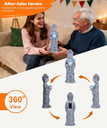 Nacome Solar Buddha Garden Statues with Lotus Flower: Resin Zen Decor Waterproof Sculpture Outdoor Light Design for Outside Patio Lawn Yard Balcony - 14.6 inches(Grey)