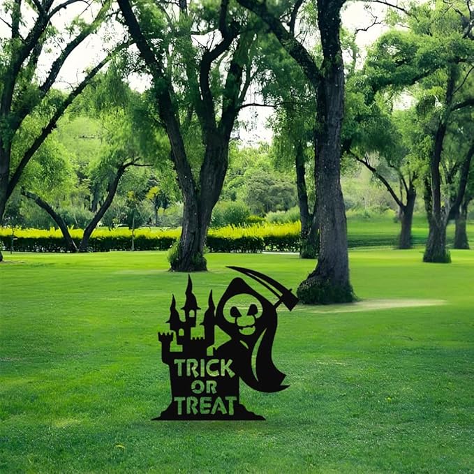 Grim Reaper Metal Yard Stake Decor - Black Skeleton with Scythe Silhouette for Gothic Haunted House Yard, Garden, or Porch, Weatherproof & Easy Setup Metal Decor Sign with "Trick or Treat" Cutout
