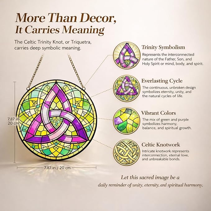 Celtic Trinity Knot Suncatcher Window Hanging, 7.8" Stained Glass Decor, Symbolic Gift for Mom, Grandma and Loved Ones, Irish Home Decor for Window, Wall, Living Room and Sunroom