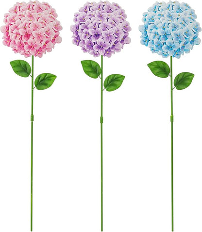 Glitzhome Set of 3 Hydrangea Garden Stakes, Metal Flower Yard Art with Hand Painted Color Finish and Detachable Stake, Iron Spring Lawn Patio Wall Decor, 24 "H