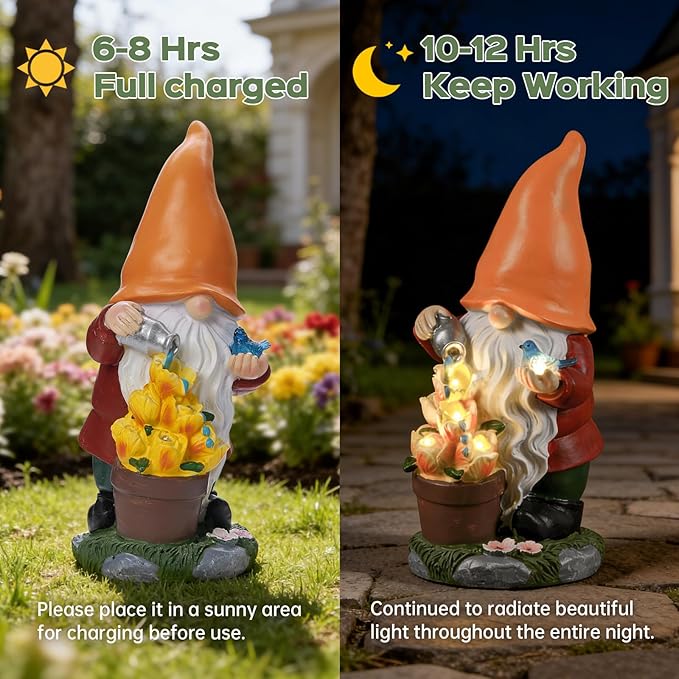 Solar Gnome Statue Outdoor Decor,Gnome Figurines with Flower LED Light for Garden Decorations for Patio Lawn Balcony Fairy Gardens,Housewarming Gifts for Women Mom