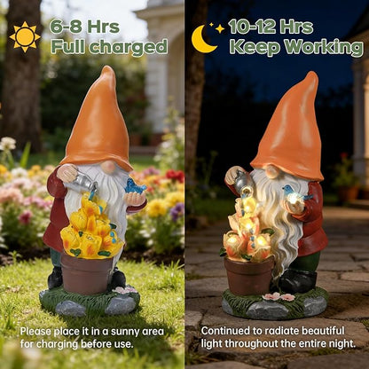 Solar Gnome Statue Outdoor Decor,Gnome Figurines with Flower LED Light for Garden Decorations for Patio Lawn Balcony Fairy Gardens,Housewarming Gifts for Women Mom