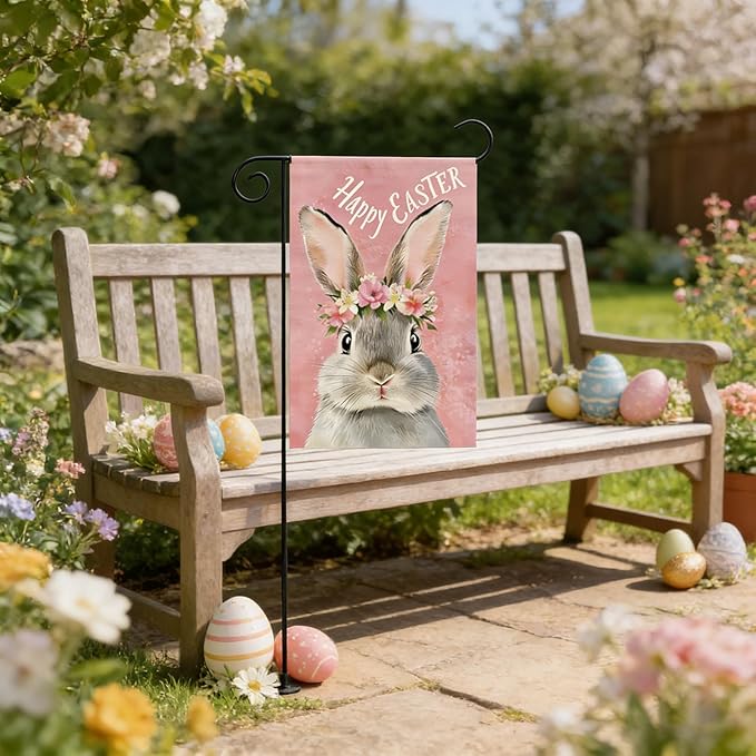 1Pcs Happy Easter Garden Flag, Cute Bunny Garden Flags 12x18 Double Sided, Flower Rabbit Vertical Flag, Spring Holiday Yard Flags, Pink Small Garden Flags for Outside Yard Lawn Easter Decorations