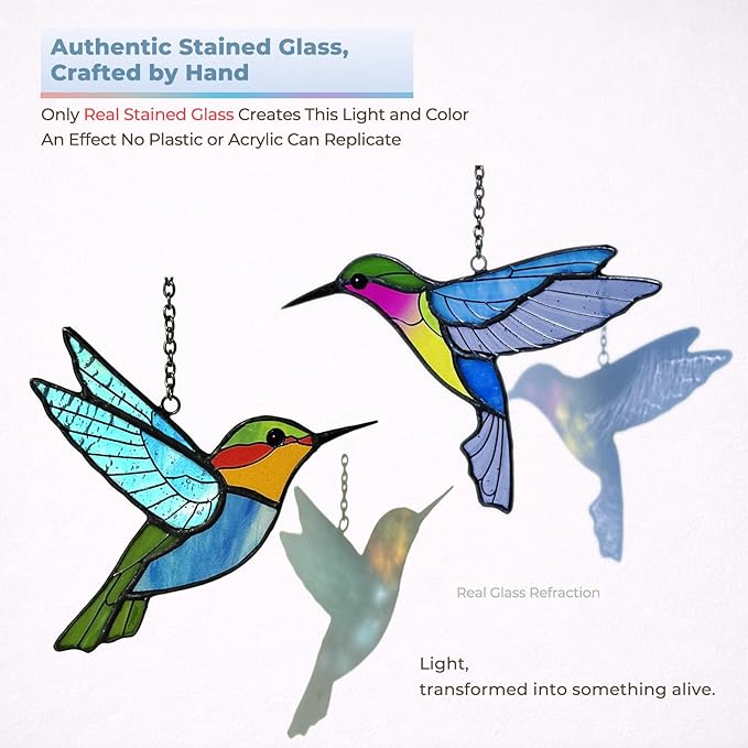 Set of 2 Hummingbird Stained Glass Suncatchers, Real Glass Window Hanging Decor, Handmade Tiffany Style Sun Catcher for Kitchen, Living Room, Garden, Gift Idea for Bird Lovers