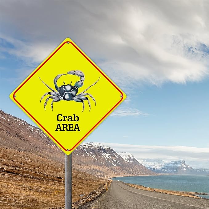 Warning Crab Area Metal Tin Sign Ocean Animal Caution Crossing Xing Street Sign Yellow Diamond Shape Funny Metal Sign For Indoor Outdoor Highway12x12in