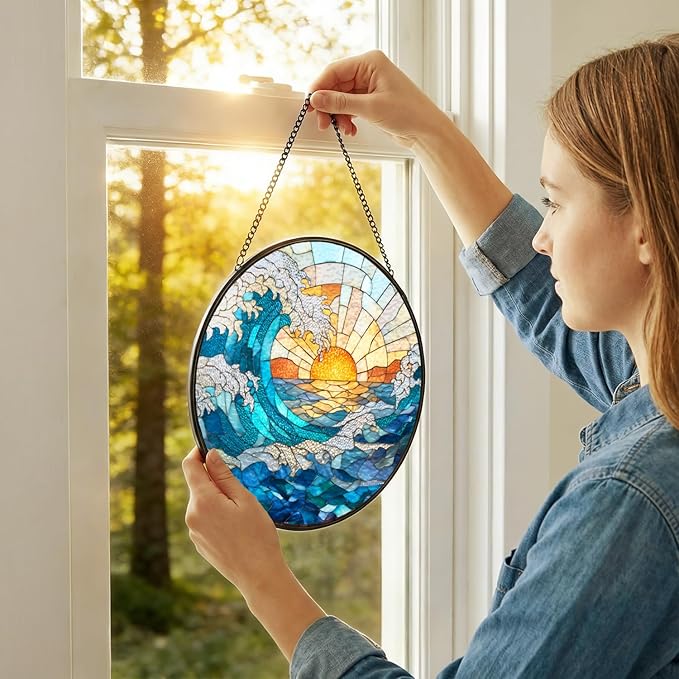Stained Glass Sun Catcher Window Hanging - Blue Wave and Sunlight Design, Well Made Indoor Home Decor for Mother's Day, Birthday, Christmas for Women, Men, Mom (Blue Wave) 7.8in