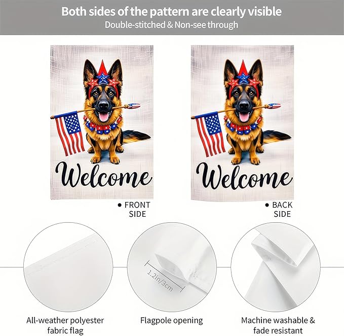 BlissYard Welcome Patriotic German Shepherd Garden Flag 12x18 Inch Double Sided Vertical Polyester Small Yard Flag American Flag Dog Outdoor Decor Lawn Garden Banner 4th of July Independence Day Decoration