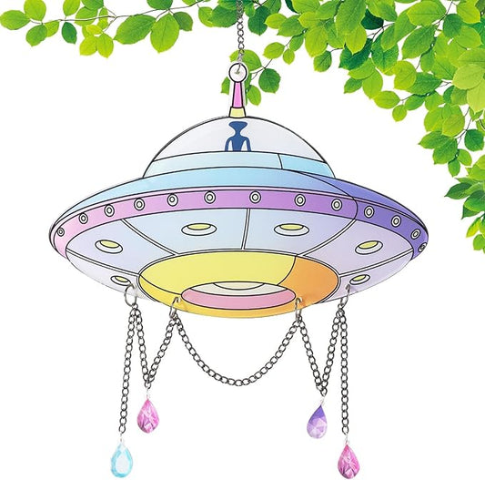 Colorful UFO Hanging Decoration with Chain & Bead Alien UFO Hanging Sun Catcher Ornament for Home Garden Christmas UFO Party Gift