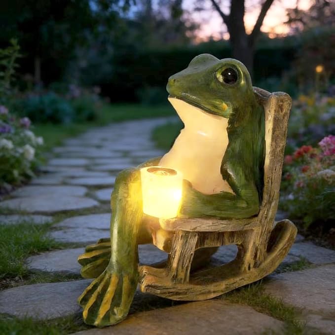 Tirifer Solar Light Frog Garden Statue Creative Frog Figures Fairy Garden Accessories Weatherproof Outdoor Decor for Patio Yard Lawn Ornament, Valentines Day Housewarming Gift