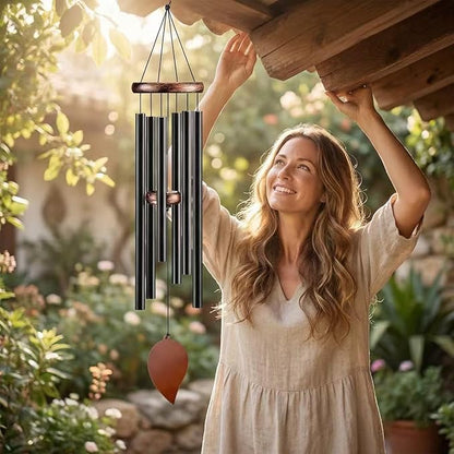 Large Aluminum Wind Chime -32 inch Black Metal 6-Tube Wind Chime Decoration with Commemorative Leaf Pendant, Suitable as a Consolation Wind Chime for Gardens, terraces, Home Decor, and Gifts