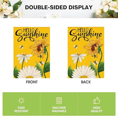 AVOIN colorlife Daisy Sunflower Hello Sunshine House Flag 28x40 Inch Double Sided, Summer Seasonal Holiday Burlap Yard Outdoor Decoration Yellow