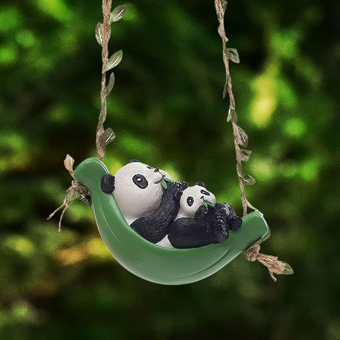 Swing Animal Garden Statue, Hanging Sculpture,Creative, Cartoon Cute Figurine Resin Ornament for Outdoor Courtyard Tree, Panda Statue