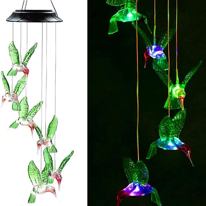 Solar Hummingbird Wind Chimes - Color Changing LED Lights, Waterproof Outdoor for Home, Yard, Night, Garden