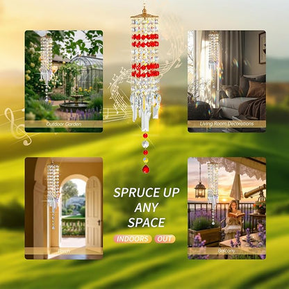 Crystal Wind Chimes for Outside with Rainbow Light Reflections Glass Bells and Rose Gold Alloy Hooks Indoor Outdoor Decor for Home Garden Patio Porch Birthday House Warming (Red)