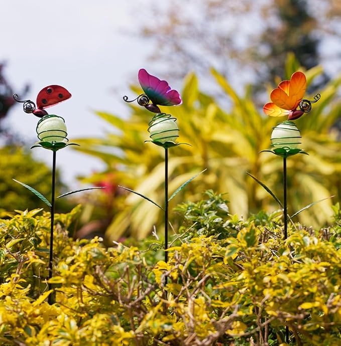 Stargarden Decorative Garden Stakes, 3 Pack Colorful Metal Garden Stakes, Luminous Butterfly Insect Metal Yard Art, Waterproof Garden Decor for Indoor, Outdoor