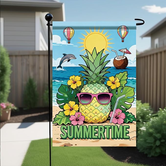 Summertime Pineapple Garden Flag Tropical Beach Sunglasses Outdoor Yard Porch Lawn Garden Decor for Summer Coastal Ocean Patio Pool Party Seasonal Home Display