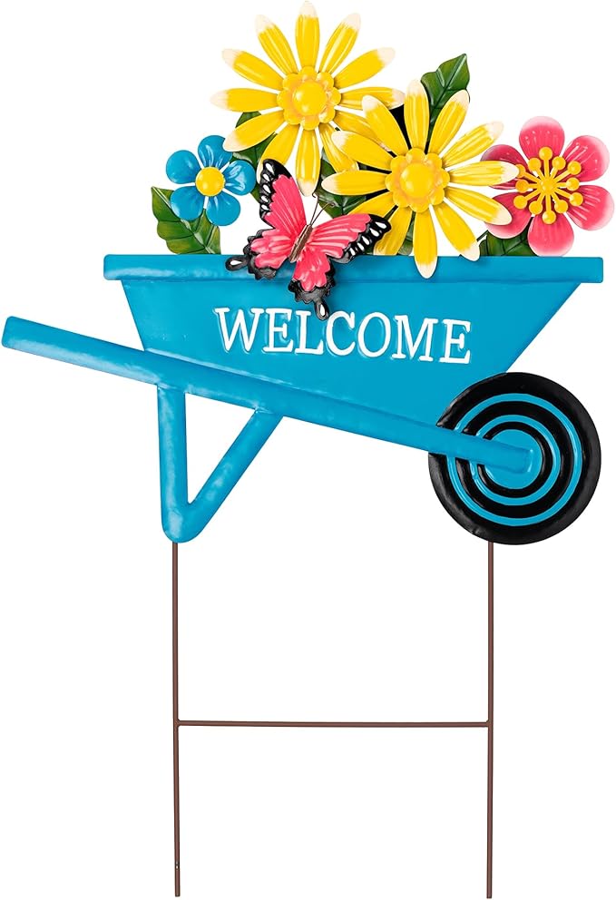 Glitzhome Metal Garden Stake Decor, Spring Yard Art Cart with Lifelike Flower or Wall Decor, Flower Barrow Stake Yard Sign Garden Decor for Outside, 30” H