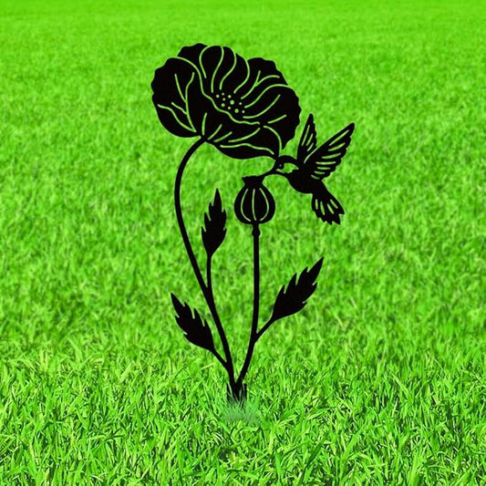 WADORN Hummingbird Poppy Metal Decorative Garden Stakes, Funny Hummingbird Flower Metal Silhouette Statues Bird Flower Garden Ornament Gifts Black Yard Art Decoration for Outdoor Backyard Patio Lawn