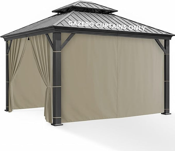 Patio Curtains Outdoor Waterproof - 10'Wx12'Lx7'H Weatherproof Pergola Outside Curtains, Gazebo Universal Replacement Privacy Curtains, 4 Panels Sidewall Drapes with Zipper, Taupe