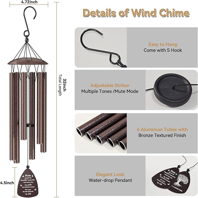 Memorial Wind Chimes for Loss of Mom，Sympathy Wind Chimes for Loss of Mother，Sympathy Bereavement Memorial Gift for Loss of Mother，in Memory of Mom Gifts