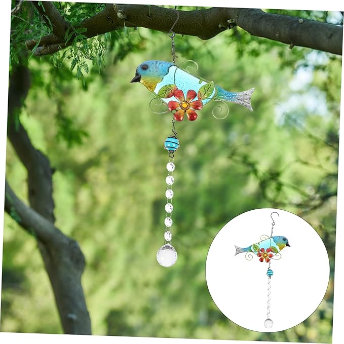 Glass Bird Statue Hanging Pendant Creative Songbird Sculpture with Lifelike Crystal Design Iron Garden Decor for Outdoor and Patio Decoration
