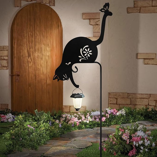 Cat Solar Lights Outdoor Garden, Black Cat Garden Statue,Black Cats Outdoor Decorations with Solar Lantern