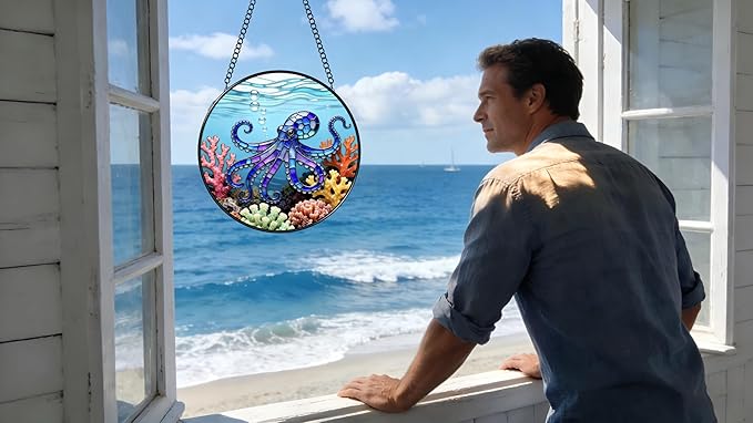 Stained Glass Window Hanging - The Blue Octopus is Foraging in The Coral 6.3 Inches Suncatcher for Garden Home Decor for Women Mon Grandma Friends