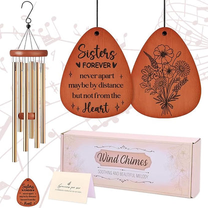 Sister Gifts Wind Chimes - Waterproof Metal Windchimes with Card Indoor Outdoor Hanging Decor for Garden Patio Yard Balcony Backyard Porch Home Christmas New Year Birthday Gift from Sisters
