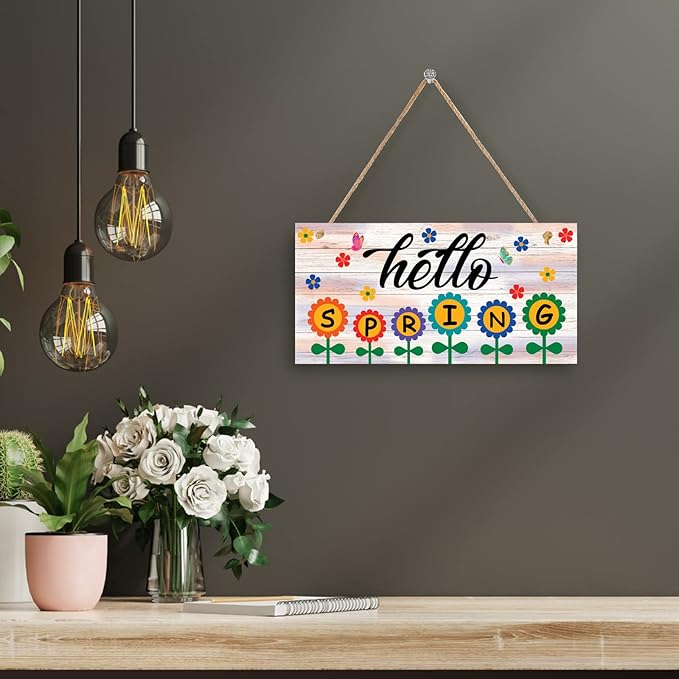 Hello Spring Sign – Hanging Farmhouse Wall Decor for Front Door, Kitchen, Living Room, Patio – Butterfly Indoor & Outdoor Holiday Decoration – House Warming Gifts New Home (Hello Spring 02)