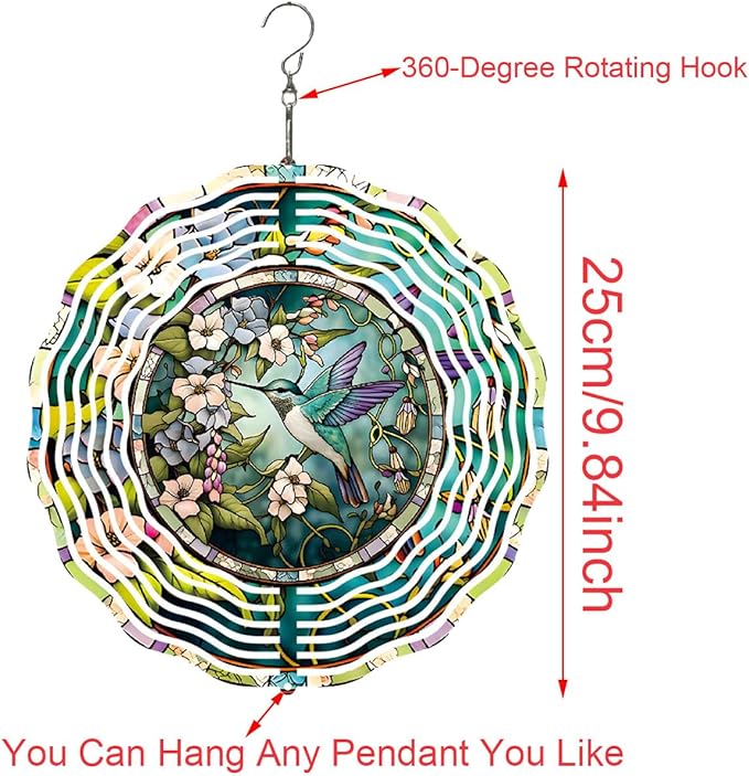 Hummingbird Metal Wind Spinners Outdoor, 3D Hanging Garden Decor for Women Mom Grandma, 25cm/ 9.84in 3D Wind Spinners for Garden Decor for Patio,Yard,Outdoor