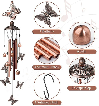 Butterfly Wind Chimes for Outside, Decorative Wind Chimes with 4 Aluminum Tubes Hanging Bells, Memorial Windchimes Outdoors with S Hook for Patio Garden Decor, Birthday Gifts for Mom Grandma