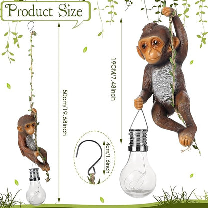Solar Powered Outdoor Monkey Statue Gift 7.48''H Resin Waterproof Solar Monkey Hanging Figurine Lantern Chimpanzee Baby Monkeys Climbing 19.68" Vine with Hook for Yard Garden Wall Tree Decoration Gift