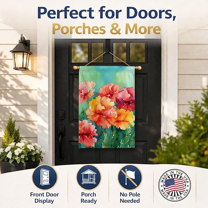Caroline's Treasures Ohio Scarlet Carnations in Watercolor House Flag Large Porch Sleeve Pole Decorative Outside Yard Banner Artwork Wall Hanging, Polyester, House Size, Multicolor