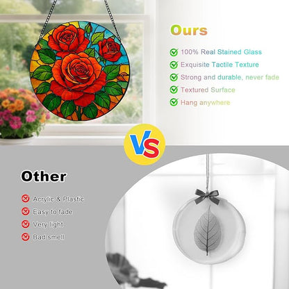 Rose Stained Glass Window Hanging, Rose Suncatcher for Indoor Window, Gift for Women, Wife, Couple (7.8Inch)