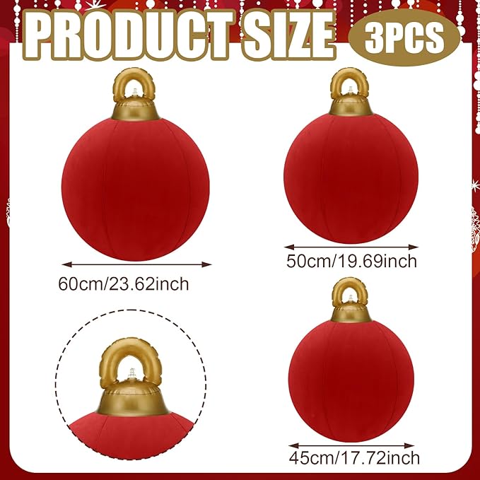 Jenaai 3 Pcs Giant Velvet Christmas Inflatable Ball Ornament Large PVC Christmas Inflatable Balls 3 Size 24" 20" 18" Xmas Hanging Ornaments Outdoor Decor for Lawn Porch Yard(Red)