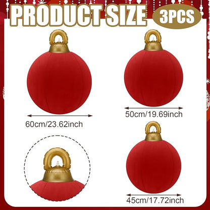 Jenaai 3 Pcs Giant Velvet Christmas Inflatable Ball Ornament Large PVC Christmas Inflatable Balls 3 Size 24" 20" 18" Xmas Hanging Ornaments Outdoor Decor for Lawn Porch Yard(Red)