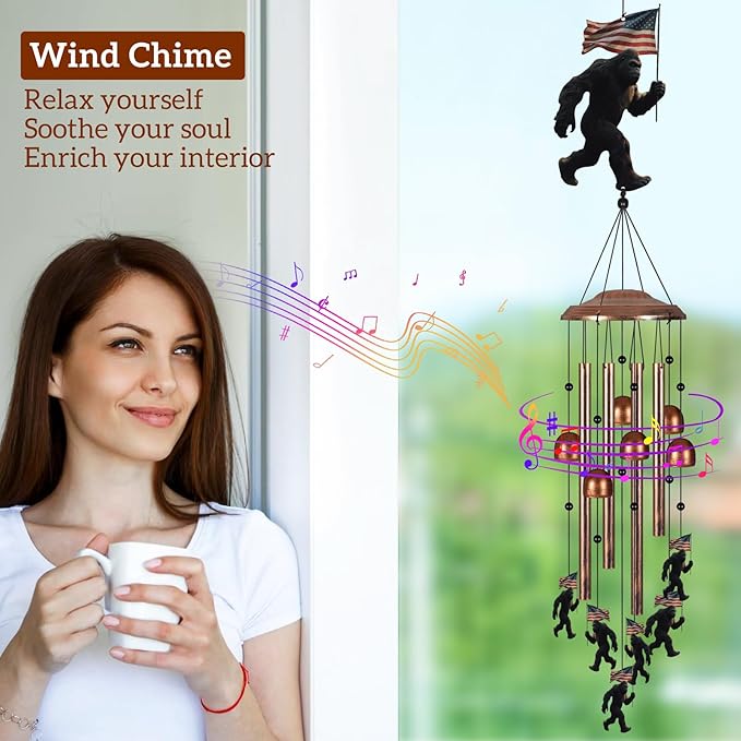 Bigfoot Wind Chimes for Outside, Sympathy Wind Chimes for Outdoors Garden Decor with Natural Sounds, Big Foot Sasquatch Gifts for Women Mom and Grandma