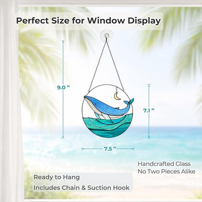 7" Whale Stained Glass Suncatcher, Handmade Coastal Window Hanging Decor, Colorful Sun Catcher for Kitchen, Sunroom, Beach House, Ideal Gift Idea for Ocean Lovers