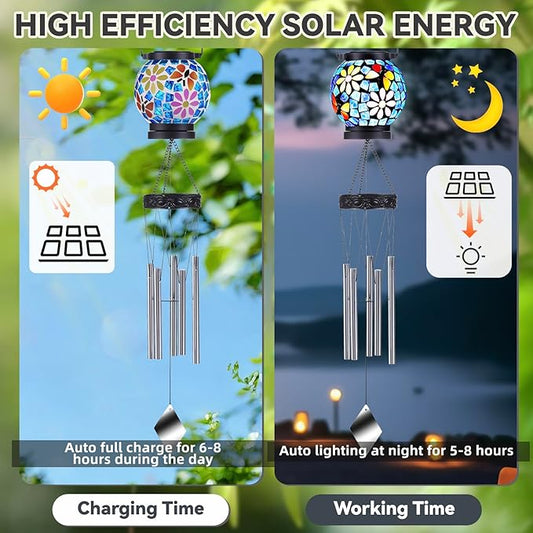 VOREEN Solar Wind Chimes with Gentle Chime Sound, Blue Mosaic Glass Lantern for Outdoor, Calming Night Glow & Relaxing Breeze Melody, Waterproof Porch Yard Garden Decor, Memorial & Sympathy Gift