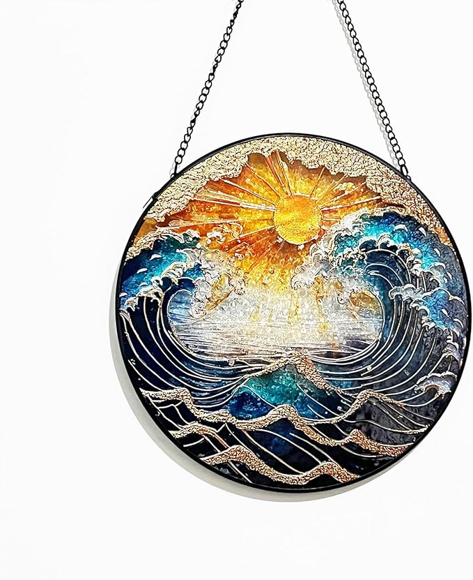 Waves Stained Glass Window Hanging, 7.8" Hand-Painted Sun Catcher Glass Panel Wall Art Decor with Chain, Waves Gifts for Women Mom Grandma, Outdoor Indoor Art Decor for Home Garden