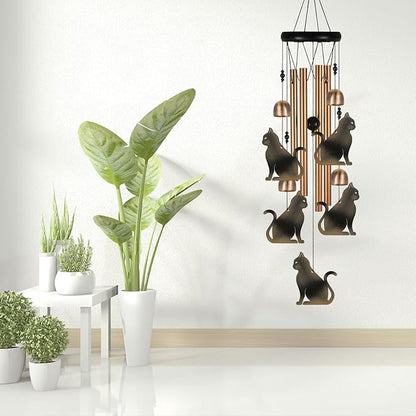 Bronze Cat Wind Chime, Gifts for Mom, Home, Garden, Balconies, Rooms, Patio, Indoor, Outdoor Cat Decoration, Cat Chimes, With 4 Aluminum Tubes 5 Cats Wind Chimes, Cat Wind Catcher, Cat Wind Bell Decor