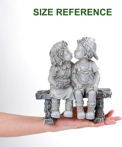 Lily's Home First Kiss Resin Garden Statue, Little Girl and Boy Kissing Yard Miniature Figurine,Small and Exquisite, 8 ¼ Inch