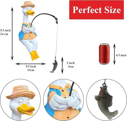 Garden Duck Outdoor Fishing Koi Statue, Goose Statues Decorations for Yard 9.7'' Fishing Duck Sculpture Garden Decor, Fishing Guy for Waterfalls or Koi Pond Decor, Gifts for Women, Mom or Birthdays