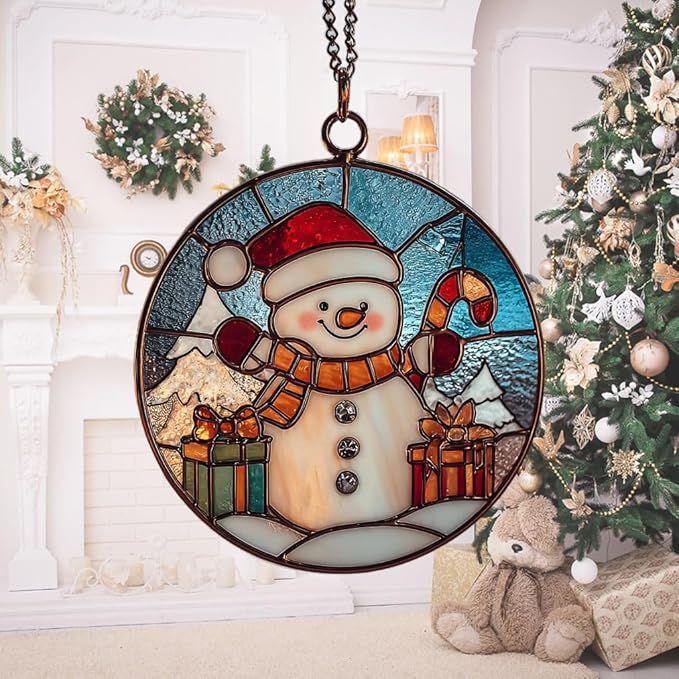 Cute Snowman Giving Presents Mosaic Acrylic Suncatcher Stained Glass Effect Window Car Hanging Christmas Ornament Indoor Outdoor Decor Garden Sun Catcher Panel for Women Mom Grandma