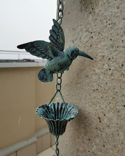 Rain Chain 8.5FT, Hummingbird and Cup Rain Chains for Gutters, Functional Replacement for Downspout, Metal Rainwater Catcher Chain, Outdoor Garden Decor, Antique Blue