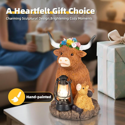 Highland Cow Solar Lights, Solar Powered Statues for Garden,Outside Decor with Latern for Yard Birthday Easter Gifts for Grandma Mom Women Funny Decorations for Yard and Patio Gifts