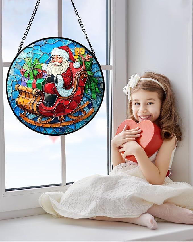 DASTOLL Stained Glass Window Hanging - Red Santa Claus Gift Box Suncatcher for Doors Home Christmas Decoration Winter Sun Catcher Thanksgiving New Year Birthday Gift for Women Men Mom Nana 6.3 in